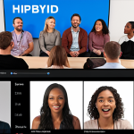 **A diverse group of people, some in-person and some online, actively participating in a hybrid event session. Focus on expressions of engagement and satisfaction. Include subtle technological elements like screens and microphones.**
