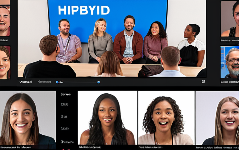 **A diverse group of people, some in-person and some online, actively participating in a hybrid event session. Focus on expressions of engagement and satisfaction. Include subtle technological elements like screens and microphones.**